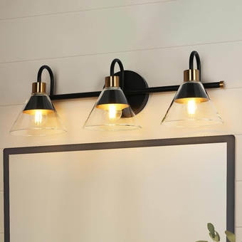 Black Vanity Lights, Modern Bathroom Light Fixtures Clear Glass Shade, 3 Light Bathroom Vanity Lighting Over Mirror, Matte Black and Plating Brass Finish