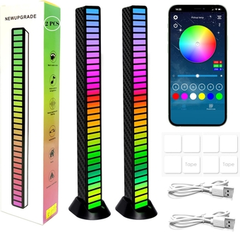 2 PCS Sound Activated Lights, 32 Bit Sound Control RGB Light Bar, Colorful Rechargeable Ambient Led Light, Voice-Activated Pickup Rhythm Music RGB Light Bar for Car, Party, Desktop, DJ, Gaming Room