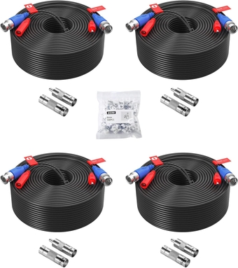 4 Pack 150ft (45 Meters) All-in-One Video Power Cable, BNC Extension Surveillance Camera Cables for Video Security DVR Camera Systems (Included 4X BNC Connectors and 4X RCA Adapters)-Black Color