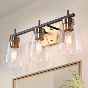 Bathroom Light Fixtures, 3-Light Modern Vanity Lights Over Mirror, Matte Black and Brass Sconces Wall  with Seeded Glass Shade, 22" L x 7.1" W x 8.7" H