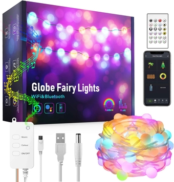 Smart Led String Lights, Ip65 Waterproof Colored Fairy Lights, Ball String Lights with Music Sync Remote Control for Outdoor Indoor Bedroom Home Party Tree Decoration