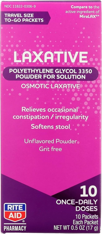 Laxative Powder Packets, Travel Size - 10 Packs of Single Doses, Polyethylene Glycol 3350, Stool Softner for Constipation Relief