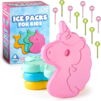 Mini Freezer Ice Packs for Kids Lunch Box – 4-Pack Unicorn Small Freezer Blocks for Cool Bags and Lunch Boxes – Colorful Mini Ice Blocks for Kids Lunch Boxes Bags with 10 Food Picks