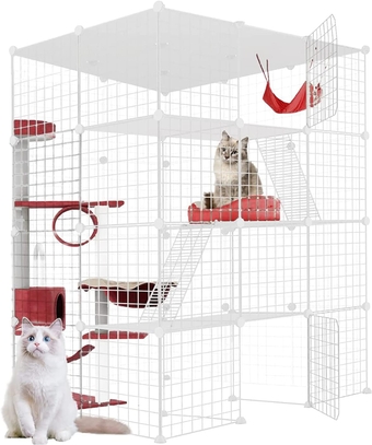 Large Cat Cage Detachable Indoor DIY Cat Fence Detachable Wire Kennel Crate Ideal, for 1-3 Cats Guinea Pigs, Rabbits, Small Animals with 2 Platforms Beds and 2 Ladders（White）…