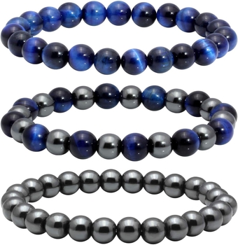 3Pcs Blue Tiger Eye Bracelets for Men Women Reiki Healing Stone Hematite Therapy Bracelet