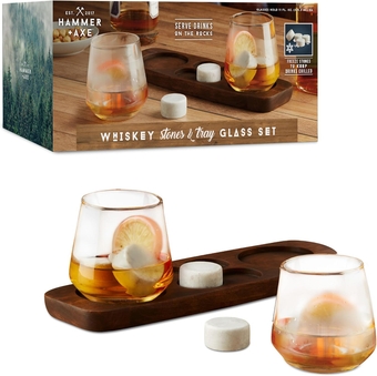 Whiskey Stones & Tray Glass Set, 4 Chilling Stones & 2 Whiskey Glasses, Wood Serving Tray, Home Bar Accessory, Reusable Ice Cube Rocks, Bourbon Vodka Alcohol Liquor Drinks, Mens Gift