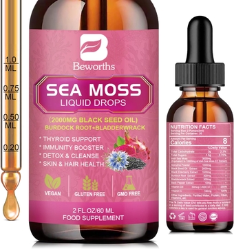 3000mg Sea Moss Liquid Drops - Organic lack Seed Oil & Irish Sea Moss Gel with urdock Root ladderwrack, Elderberry, 6X Stronger Qrganic Seamoss Raw for Immunity ooster, Hair, Skin Digestive Health