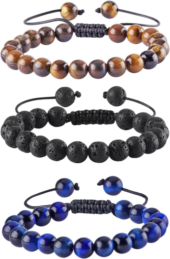 Bracelets For Men,Natural Stone Beaded Mens Bracelet Gifts-8mm Lava Rock Tiger Eye Bracelet,Anxiety Bracelets Jewelry Gifts For Husband Dad Boyfriend Grandpa Son Brother