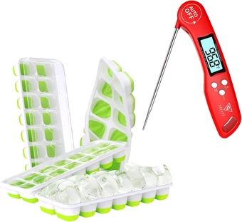 Digital Meat Thermometer [1 Pack] (CP1RD) +  Ice Cube Trays with Lid [4 Pack] (CP3GN)