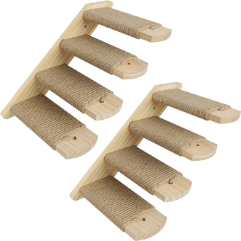 Cat Climbing Shelf Wall Mounted, Wooden Cat Stairway with Four Steps, Cat Stairs Ladder Shelf with Jute Scratching for Cat Climbing and Playing, Set of 2
