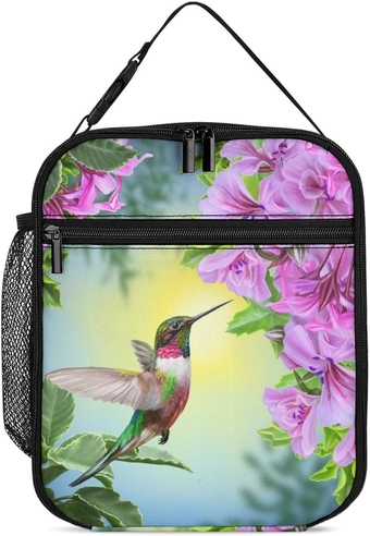 Bird Hummingbird And Pink Flowers Lunch Bag Insulated Lunch Tote Box Spring Animal Deor Reusable Picnic Lunch Boxes for Work Travel Picnic Hike Beach-Summer Lunch Box
