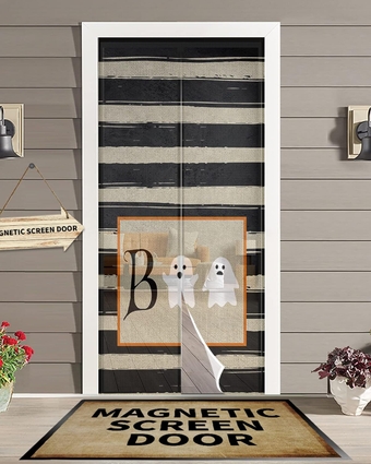 Magnetic Screen Doors Curtain,Halloween Boo Cute Spooky Stripes Summer Mesh Curtains Self Sealing,Cartoon Ghost Vintage Linen Door Screens with Magnets Windproof Door Cover for Kitchen Front 38x83in