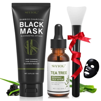 Blackhead Peel Off Face Mask, 3-in-1 Blackhead Remover Mask with Brush & Tea Tree Oil Serum, Charcoal Mask for Deep Cleansing Dirts, Pores, Skin Oil (100g+30ml)