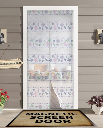 Screen Door 38"x83" Summer Beach Door Screen Magnetic Closure, Coastal Coral Starfish Teal Purple Nautical Hands Free Magnetic Screen Door for Single/Sliding/Front Door