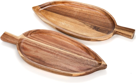 2 Pcs Acacia Wood Serving Platters, 13" x 5.5" Leaf Shaped Food Serving Trays for Entertaining, Small Cheese Platter Board for Fruit, Charcuterie, Dessert, Appetizer