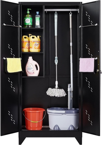 Metal Storage Cabinet with Lockable Doors, 75" Steel Storage Locker Cleaning Tool Cabinet with Hanging Rod & S-Hooks, Tall Garage Storage Cabinet, Black, 75" H x 33.85" W x 16.53" D