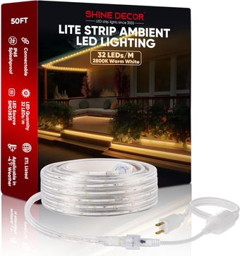 LED Lite Strip Lights Low Consumption 2.4W/M, 4F Cold Resistant IP65 Waterproof Outdoor Rope Light AC 120V, 32 LEDs/M Connectable Lighting Strips 50FT ETL Listed 7x10mm 2800K Warm White