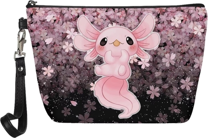 Cute Axolotl Cosmetic Bag Cherry Blossom Makeup Bags Portable Travel Toiletry Organzier Clutch Handbag Coin Purse for Women Birthday Gifts