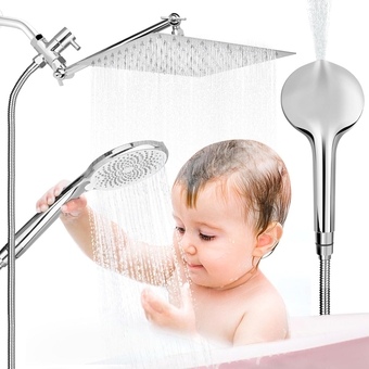 10'' Rainfall Shower Head with Handheld Combo,High Pressure Shower Wand Set with Flexible Adjustment of Height/Angle Extension Arm&5+3 Mode Setting Spray Handheld Shower Head, Anti-leak Design