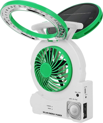 Camping Solar Fan, Portable Camping Fan with Radio/MP3/Table Lamp/Torch/Cell Phone Charging Function, Rechargeable Outdoor Fan for Home Use, Travel, Camping
