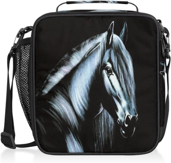 Black Horse Insulated Lunch Bag for Kids Boys Girls Women Men Animal Horse Lunch Box Tote with Shoulder Strap Durable Reusable Waterproof for School Work Picnic Thermal Cooler Bag