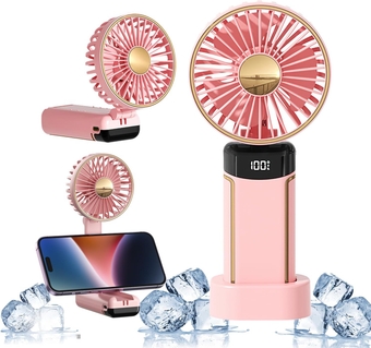 Poratble Handheld Fan Rechargeable Mini Hand Fan 3000mAh Battery Operated USB Fan with 5 Speeds LED Display Small Personal Foldable Desk for Travel Camping Home Pink