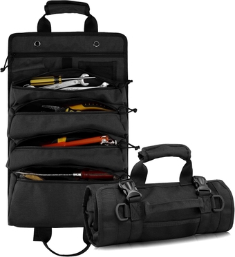 Roll Up Tool Bag Organizer, Multi Tool Wrench Roll Tool Storage Bag, 4 Zippers Waterproof Canvas Roll Tool Pockets Bag for Mechanic/Electrician, Tool Roll Pouch