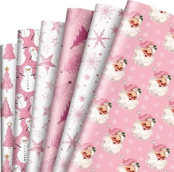 12 Sheet Pink Christmas Wrapping Paper Santa Snowman Snowflake Star Tree Gift Wrap Paper Folded Flat Xmas Art Paper for Christmas Winter Birthday DIY Crafts Gift Wrapping, 19.7 x 27.6 Inch