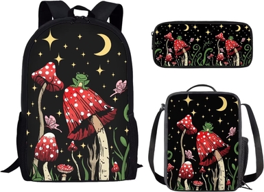 Mushroom Kids' Back Pack 3 In 1 Set,Galaxy School Bag and Lunch Insulated Box for Women Girls' Age 14-16 Rucksack with Food Tote Bag and Pencils Case