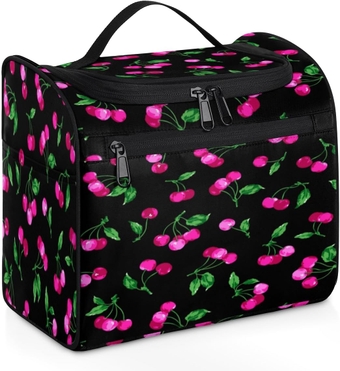 Mellow Rich Cherry Travel Makeup Bags for Women Men, Water-resistant Hanging Toiletry Organizer wtih Metal Hook for Bathroom Toiletries, Portable Cosmetic Bag with Multiple Compartments