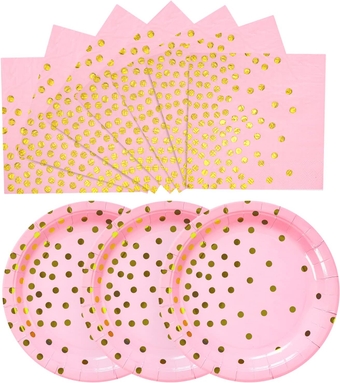 Pink and Gold Paper Plates and Napkins-100 PCS-50 x 7''Dessert Plates & 50 x 6.5''Napkins,Pink Gold Dots Paper Plates Party Supplies,for Baby Showers,Birthday,Wedding,Anniversary