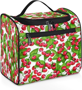 Cherry Fruit Summer Travel Makeup Bags for Women Men, Water-resistant Hanging Toiletry Organizer wtih Metal Hook for Bathroom Toiletries, Portable Cosmetic Bag with Multiple Compartments