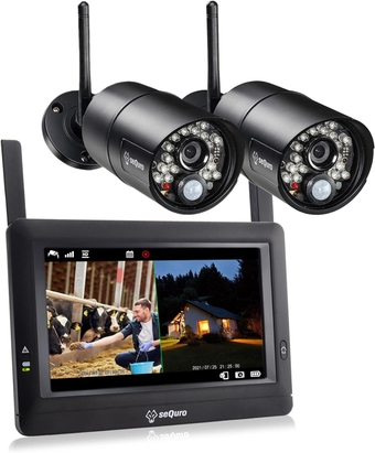 seQuro GuardPro Wireless Surveillance DVR/NVR 2 in 1 Security Camera System with Monitor, IP66 Weatherproof Outdoor, HD Night Vision, AC-Powered Camera, 4CH Touchscreen Display,2-cam Kit, Black