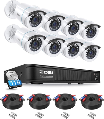 1080P H.265+ Home Security Camera System with AI Human Vehicle Detection, 5MP Lite 8 Channel CCTV DVR Recorder with Hard Drive 1TB and 8 x 1080p Weatherproof Bullet Camera Outdoor Indoor