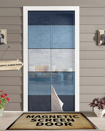 Screen Door 38"x83" Blue Ombre Door Screen Magnetic Closure, Farmhouse Wooden Striped Hands Free Magnetic Screen Door for Single/Sliding/Front Door