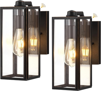 Large Dusk to Dawn Outdoor Wall Lighting, Exterior Waterproof Wall Sconce Light Fixtures, Black Outside Porch Lights with Toughened Glass Shade, Anti-Rust Wall Mount Lantern for Garage 2Pcs