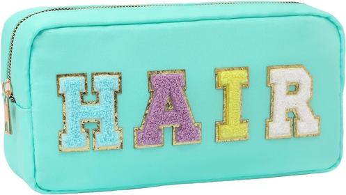 Nylon Cosmetic Bag Preppy Hair Makeup Bag for Women Travel Toiletry Organizer with Chenille Letter Patches (Mint-HAIR)