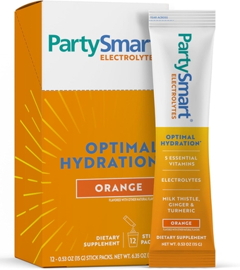 PartySmart Electrolytes, Supports Optimal Hydration, with Vitamins C, B12, B6 & Niacin, 3 Key Electrolytes, and Milk Thistle, Orange Flavor, 12 Count, 0.53 oz (15 g)