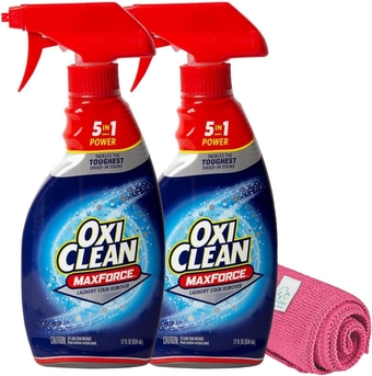 OxiClean Max Force Laundry Stain Remover Spray, 12 Ounce, 2-Pack, Bundled with A  Microfiber Cleaning Cloth (Colors May Vary)