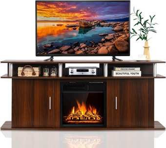 Fireplace TV Stand, Living Room Media Console Table w/1500W Electric Fireplace for TVs up to 70 Inches, Modern TV Console w/Fireplace, Remote Control & Adjustable Brightness (Cherry)