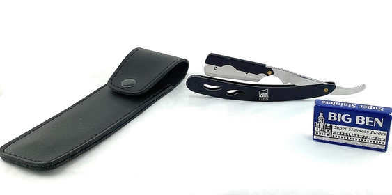 Professional Barber Shavette Razor with Blades, Leather Case and 10 Blades Excellent Locking Safety Mechanism, Black Horn
