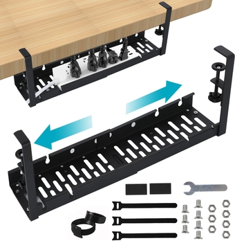 7BRU Under Desk Cable Management Tray - Black Iron Underdesk Cable Tray - Clamp On Installation Desk Wire Organizer Desk Cord Organizer Solution