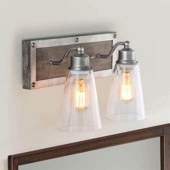 2 Lights Bathroom Lighting in Real Distressed Wood and Brushed Antique Silver Finish with Cone Clear Glass Shades, 14.1" Vanity Light Fixture