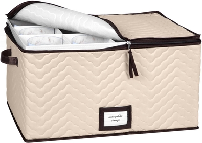 Wine Glass Storage Box with Dividers - Holds 12 Standard Size Wine Glasses up to 10" Tall - Stemware Storage Case - Protects Fine China - Durable Quilted Microfiber Bin with Carry Handles