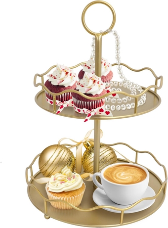 Gold 2 Tiered Tray, Serving Decorative Tray Stand with Carry Handle, Rustic Metal Display Tray for Cupcake Dessert Fruit, Perfect for Indoor or Outdoor Party Home Décor