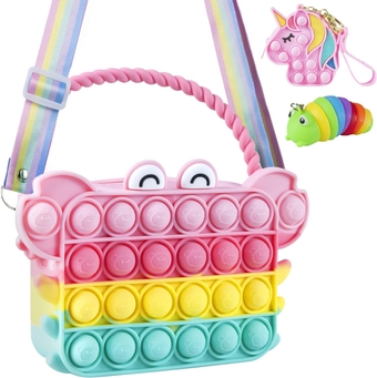 Pop Purse Set Toy, Crab Pop Purse for Girls and Women with Caterpillar Toy, Shoulder Crossbody Bag with Unicorn Keychian, Birthday Gifts for Toddler Kids Girl, Fidget Toys for ADHD Anxiety Kids