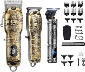 Haircut Clippers and Trimmers Set of 3,  Cordless Ornate Hair Clippers for Men Professional Barber Clippers for Hair Cutting Kit with T-Blade Beard Trimmer Set, Knight, LED Display(Gold)