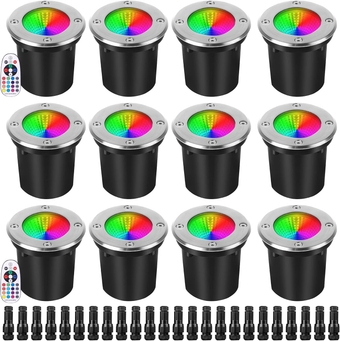 RGB Landscape Lighting Low Voltage RGBW Landscape Lights Color Changing LED Well Lights Outdoor,9W 12-24V Multicolor In Ground Lights IP67 Waterproof for Garden Yard Tree (12Pack)