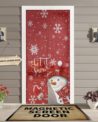 Magnetic Screen Doors Curtain,Christmas Cute Snowman Winter Snow Summer Mesh Curtains Self Sealing,White Snowflakes Red Back Door Screens with Magnets Windproof Door Cover for Kitchen Front 38x83in