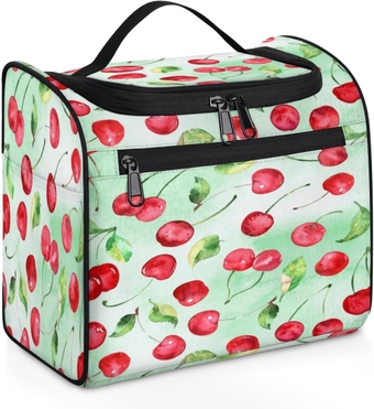Cute Cherries Travel Makeup Bags for Women Men, Water-resistant Hanging Toiletry Organizer wtih Metal Hook for Bathroom Toiletries, Portable Cosmetic Bag with Multiple Compartments